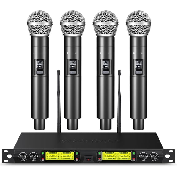Microphones System, 4  UHF  Mics,with 4 Handheld Dynamic Microphones,Metal Receiver for Karaoke,Singing,Wedding,Party,Speech,Church
