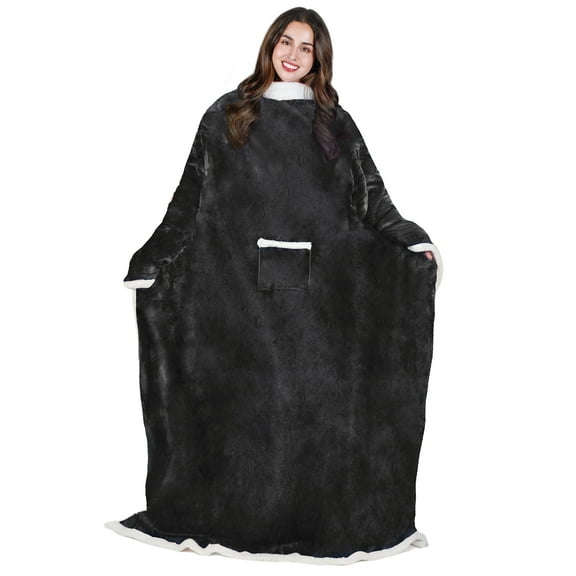 Microplush Sherpa Blanket with Sleeves for Women and Men Black