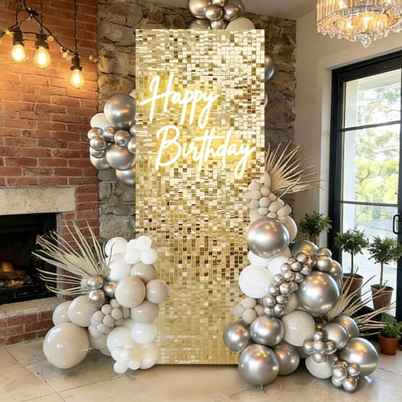 Microplushshop 24PCS Light Gold Shimmer Wall Backdrop Panels,12x12in Square Sequin Decor for Party,Wedding,Birthday & Event Photography Background,DIY Kit with Tools