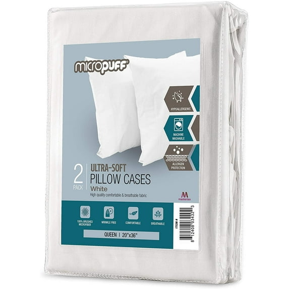 Micropuff Queen Size Pillow Cases Open Enclosure - 2 Pack - Soft and Breathable Hypoallergenic Pillow Cover. Pillowcase Protects Against Stains, Spills, and Perspiration. (20x36)
