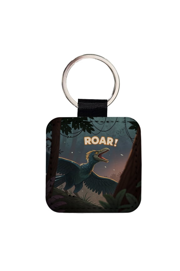 Microraptor Roar Dinosaur Faux Leather Square Keychain