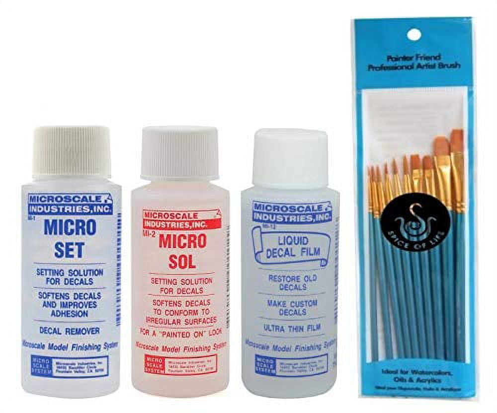 Microscale Micro Set, Micro Sol, and Liquid Decal Film, One 1 Ounce Bottle  of Each with Spice of Life Paintbrush Set