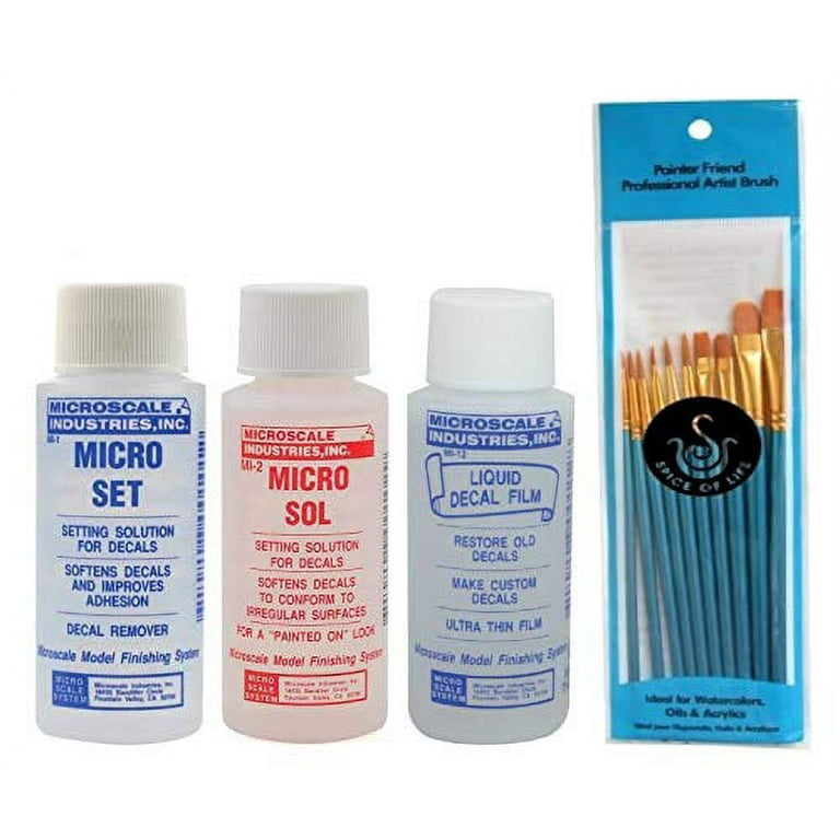 Microscale Micro Set, Micro Sol, and Liquid Decal Film, One 1 Ounce Bottle of Each with Make Your Day Paintbrush Set