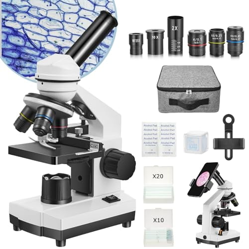 Microscope for Adults Kids Students,40X-2000X Microscope for Beginners,Biological Microscope Kit with Phone Holder,10pcs Specimen Slides,20 Pcs Slides & 100pcs Coverslips,Storage Bag