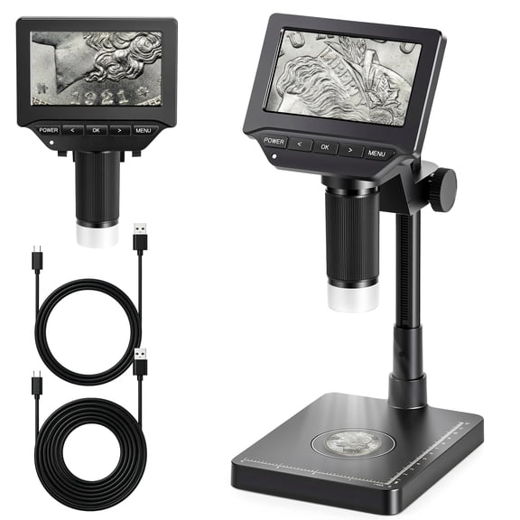 Herwicm Microscope with Weighing Scale: 4.3" Digital Coin Microscope with Screen, Error Coin Magnifier with Lights, Weight Scale for Collectors, Jeweler, Students, Compatible with Windows/Mac