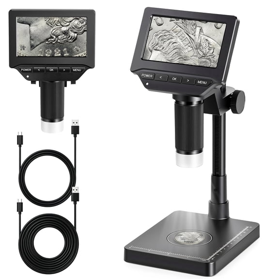 Herwicm Microscope with Weighing Scale: 4.3" Digital Coin Microscope with Screen, Error Coin Magnifier with Lights, Weight Scale for Collectors, Jeweler, Students, Compatible with Windows/Mac