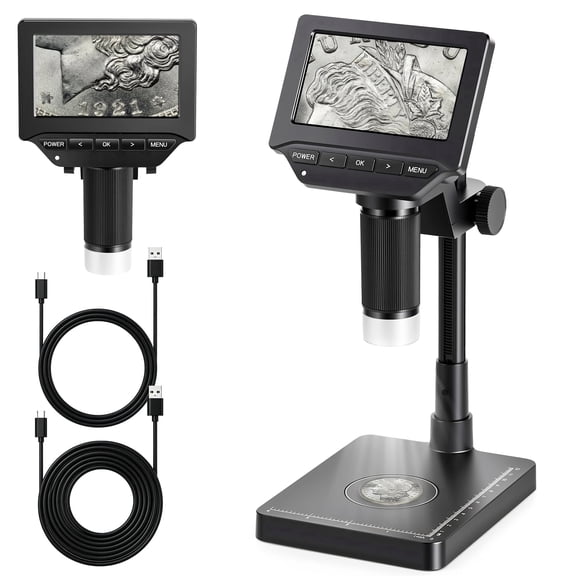Herwicm Microscope with Weighing Scale: 4.3" Digital Coin Microscope with Screen, Error Coin Magnifier with Lights, Weight Scale for Collectors, Jeweler, Students, Compatible with Windows/Mac