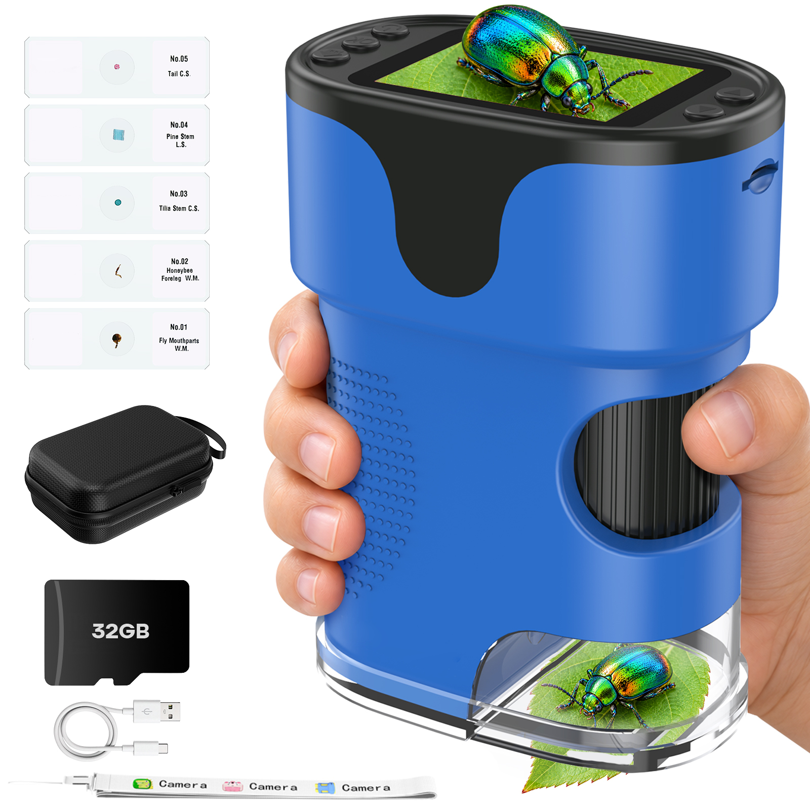 Microscope for Kids Adults, Pocket Microscope, Handheld Microscope Toy with LED Lights SD Card, Science Sets Gift for kids, Blue