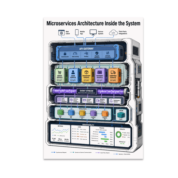 Microservices Architecture Inside the System Poster, Software Architects, 13x19 Glossy Paper