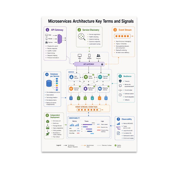 Microservices Architecture Key Terms and Signals Poster, Software Architects, 13x19 Glossy Paper