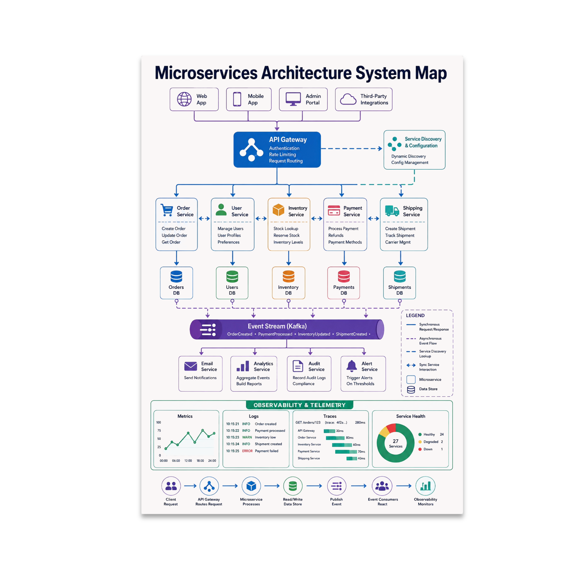 Microservices Architecture System Map Poster, Software Architects, Engineering Education, and Tech Team Spaces, 13x19 Glossy Paper