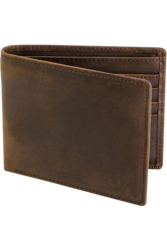 RFID Blocking Full Grain Crazy Horse Genuine Leather Men's Bifold Center Flap Wallet