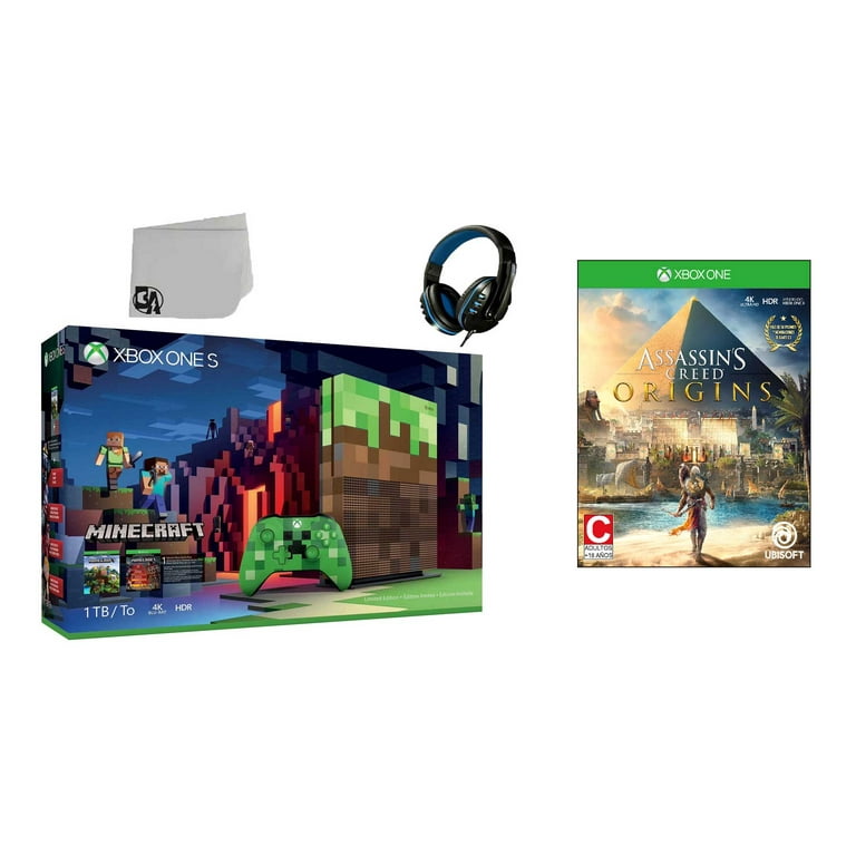 Microsoft 23C-00001 Xbox One S Minecraft Limited Edition 1TB Gaming Console  with 2 Controller Included with Assassin's Creed- Origins BOLT AXTION  Bundle Like New 