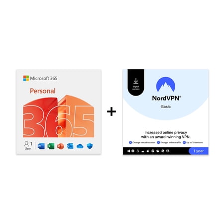 Microsoft 365 Personal + NordVPN Basic service 1-Year subscription (Digital Download)