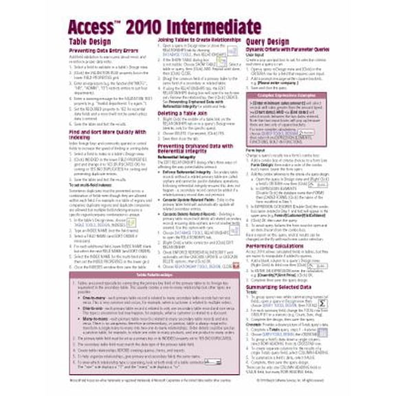Pre-Owned Microsoft Access 2010 Intermediate Quick Reference Guide (Cheat Sheet of Instructions, Tips & Shortcuts - Laminated Card), 9781936220243, 1936220245, Paperback,
