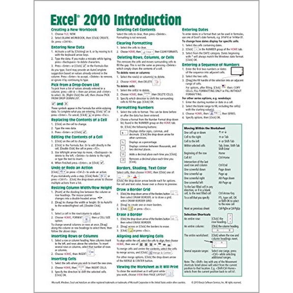 Pre-Owned Microsoft Excel 2010 Introduction Quick Reference Guide (Cheat Sheet of Instructions, Tips & Shortcuts - Laminated Card) Paperback
