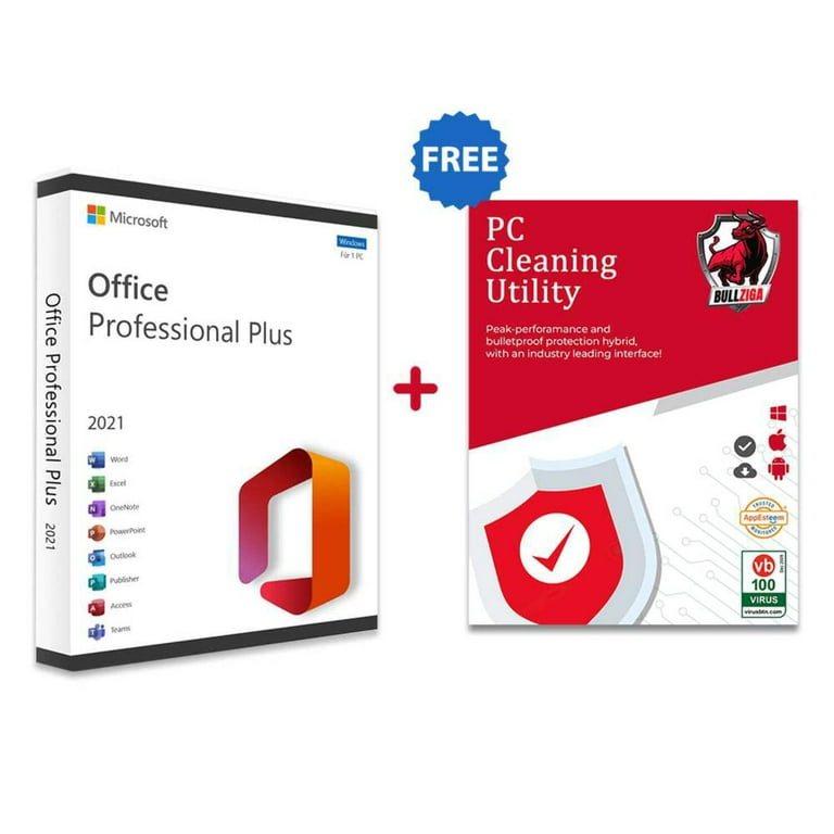 Microsoft Office 2021 Pro Plus with Free BullZIGA PC Cleaning Utility  1-Year | 1-Device (Windows/Mac OS/Android/iOS)