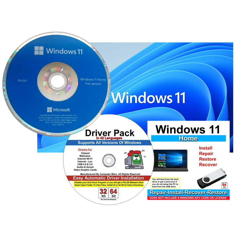 Microsoft Windows 11 Home OEM 64 Bit DVD & Repair, Recover, Restore,  Reinstall USB Flash Drive For UEFI Bios & Drivers Pack, 3PK