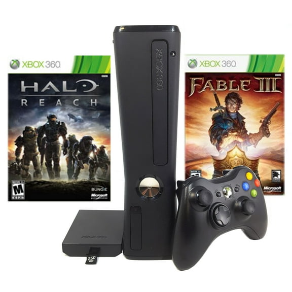 Pre-Owned Microsoft Xbox 360 Slim 250GB Holiday Value Bundle with Halo Reach Fable 3, Black,1 ,1
