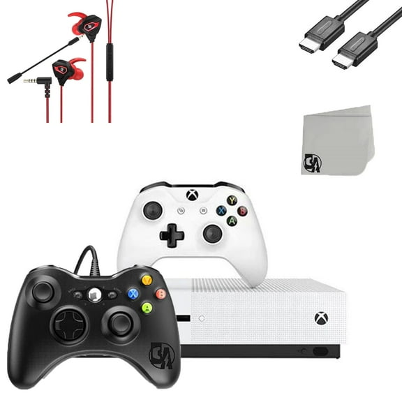 Pre-Owned Microsoft Xbox One S 1TB White Gaming Console With 2 Controller + Gaming Earbuds With Microphone BOLT AXTION Bundle
