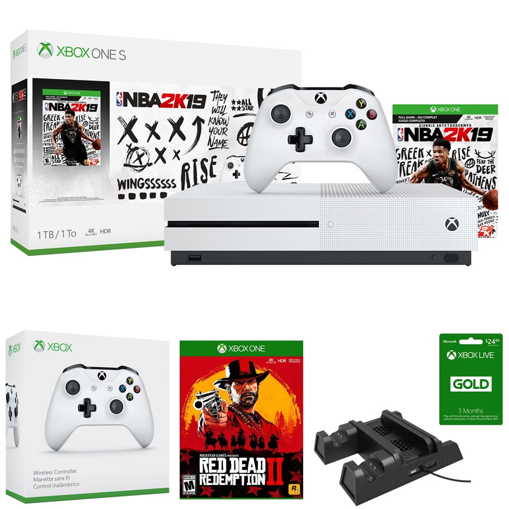 Microsoft Xbox One S 1TB w/ NBA 2K19 Bundle (234-00575) + Rockstar Games Red Dead Redemption 2 + Xbox Live 3 Month Gold Membership + Xbox Wireless Controller + 3-in-1 Vertical Stand Charging Station