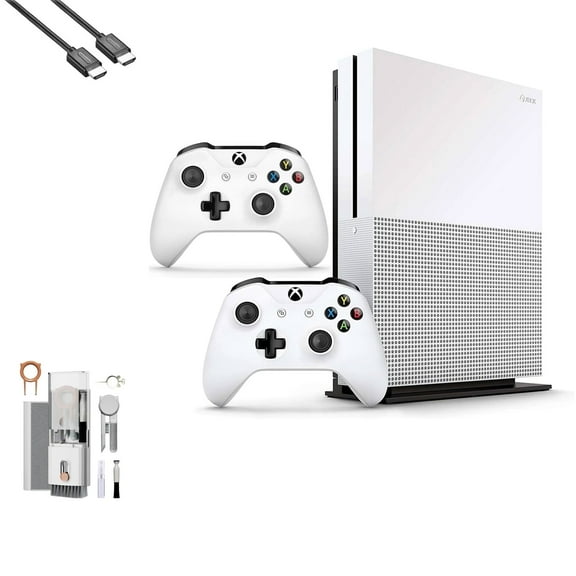 Pre-Owned Microsoft Xbox One S 1TB with 2 Controller, 4K Ultra HD White with BOLT AXTION Cleaning Kit HDMI Bundle