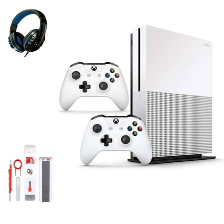 Pre-Owned Microsoft Xbox One S 1TB with 2 Controller, 4K Ultra HD White with BOLT AXTION Cleaning Kit Headset Bundle