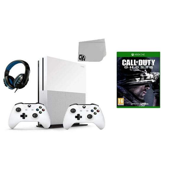 Pre-Owned Microsoft Xbox One S 500GB Gaming Console White 2 Controller Included with Call of Duty- Ghosts BOLT AXTION Bundle Used