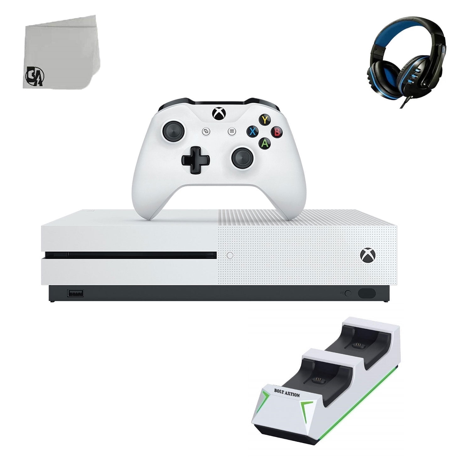 Pre-Owned Microsoft Xbox One S 500GB Gaming Console White with Gaming headset + Controller Charging Station BOLT AXTION Bundle