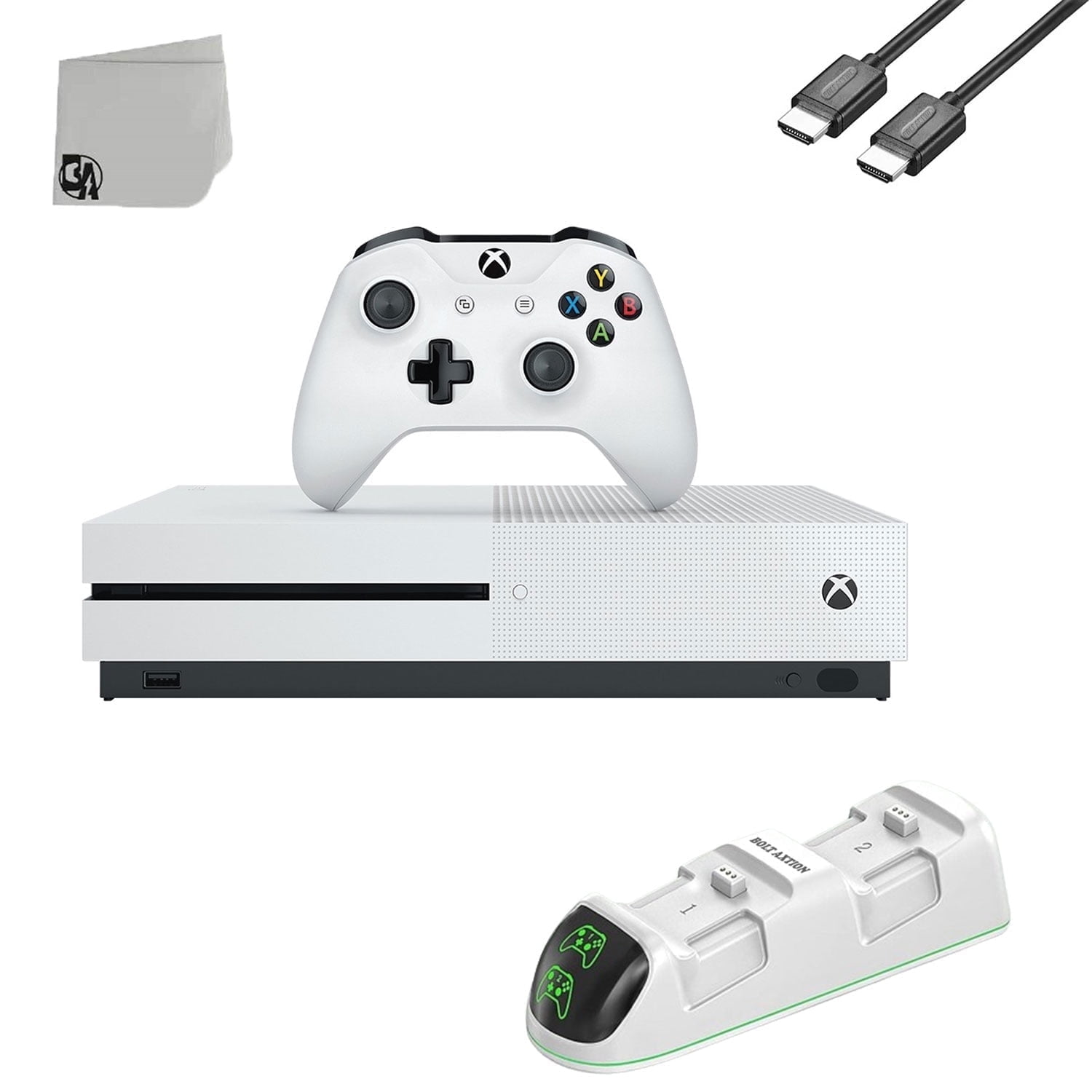 Pre-Owned Microsoft Xbox One S 500GB Gaming Console White with HDMI Cable + Controller Charging Station BOLT AXTION Bundle Used