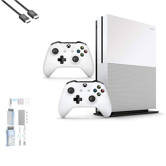 Pre-Owned Microsoft Xbox One S 500GB with 2 Controller, 4K Ultra HD White with BOLT AXTION Cleaning Kit HDMI Bundle