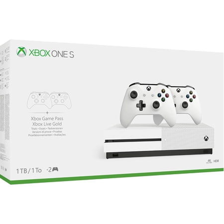 Microsoft. Xbox One S, Console, 1TB with 2 Controllers, 4K Ultra HD, White, 3