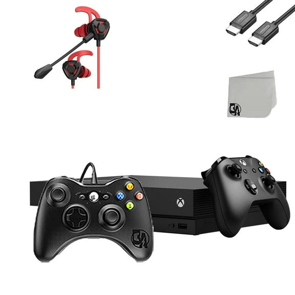 Pre-Owned Microsoft Xbox One X 1TB Black Gaming Console With 2 Controller G9 Earbuds With Microphone BOLT AXTION Bundle Used