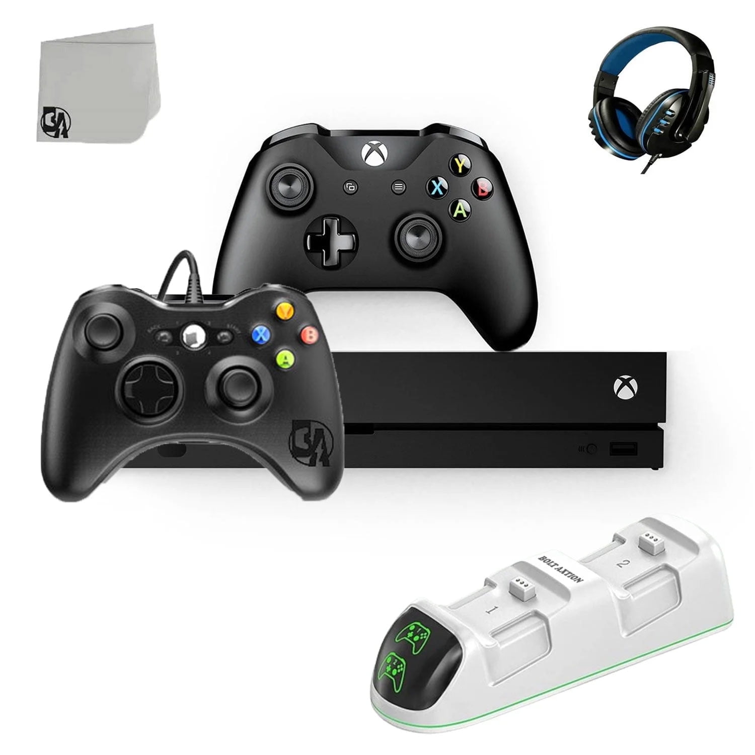 Pre-Owned Microsoft Xbox One X 1TB Gaming Console Black with 2 Controller + Controller Charging Station BOLT AXTION Bundle Used