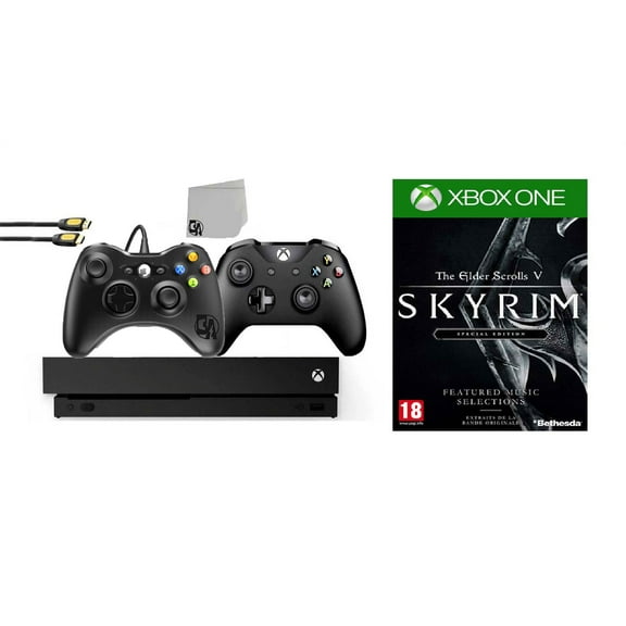 Pre-Owned Microsoft, Xbox One X, 1TB Gaming Console Black with 2 Controllers, The Elder Scrolls V: Skyrim
