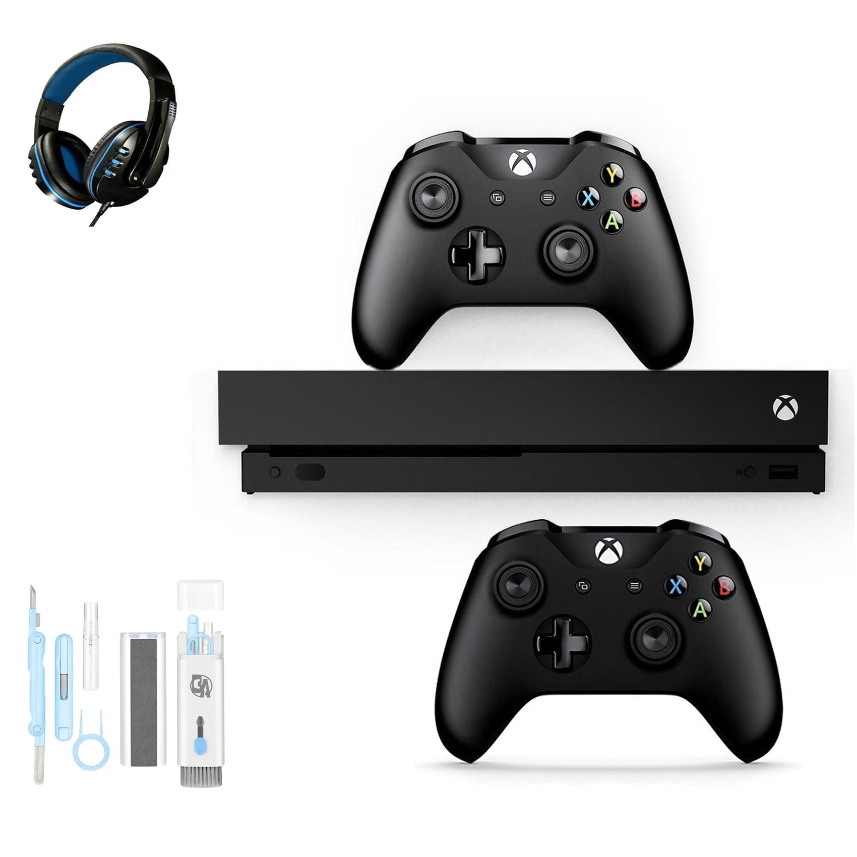Pre-Owned Microsoft Xbox One X 1TB with 2 Controller, 4K Ultra HD Black with BOLT AXTION Cleaning Kit Headset Bundle