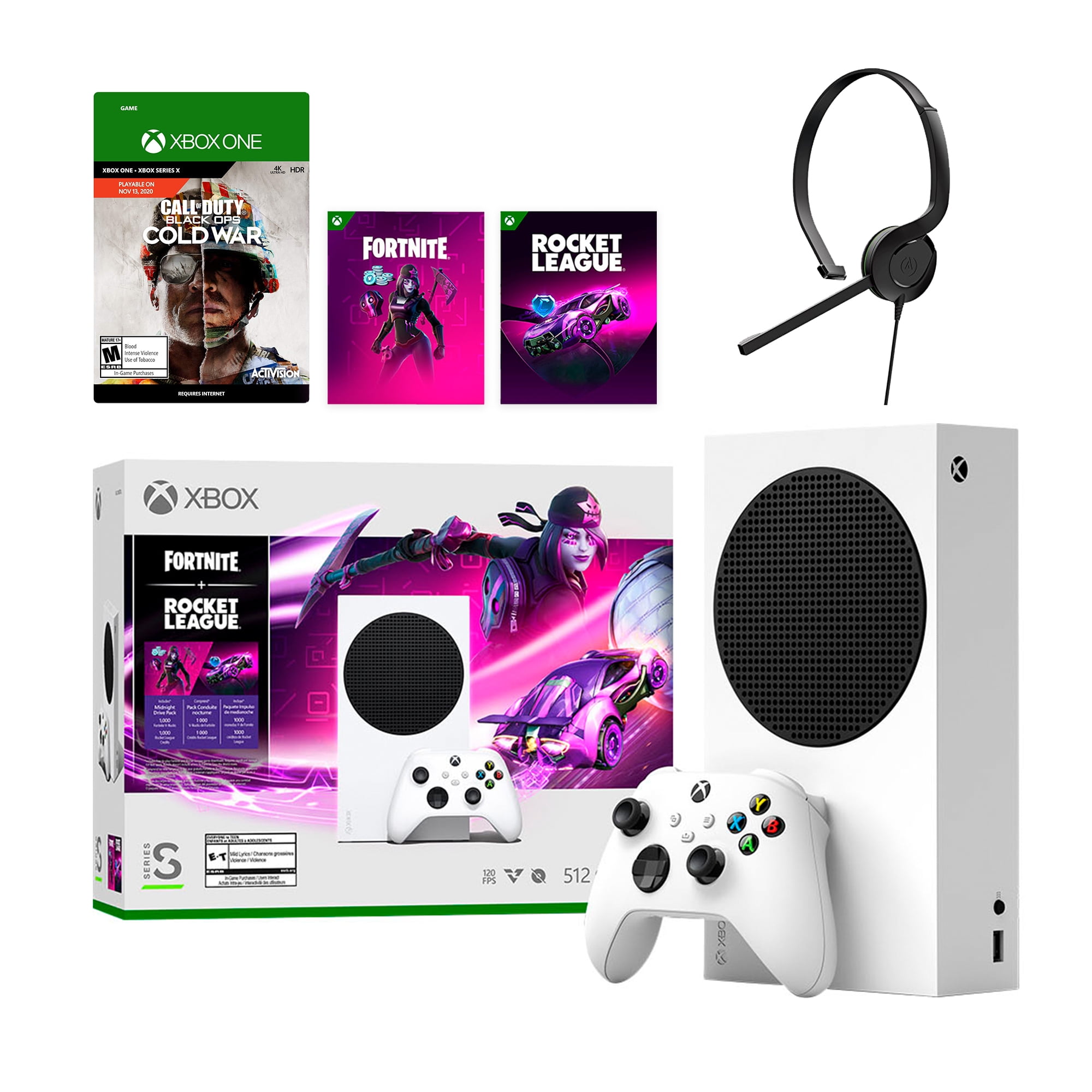 Microsoft Xbox Series S Fortnite & Rocket League Midnight Drive Pack Bundle  with Call of Duty: Black Ops Cold War Full Game and Mytrix Chat Headset 