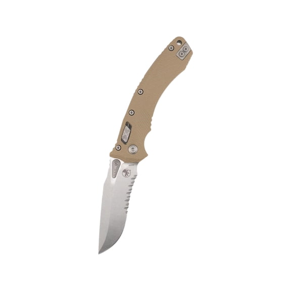 Microtech Amphibian Ram-Lok STW Part Serr Fluted G10 3.875in Folding Knife, Tan