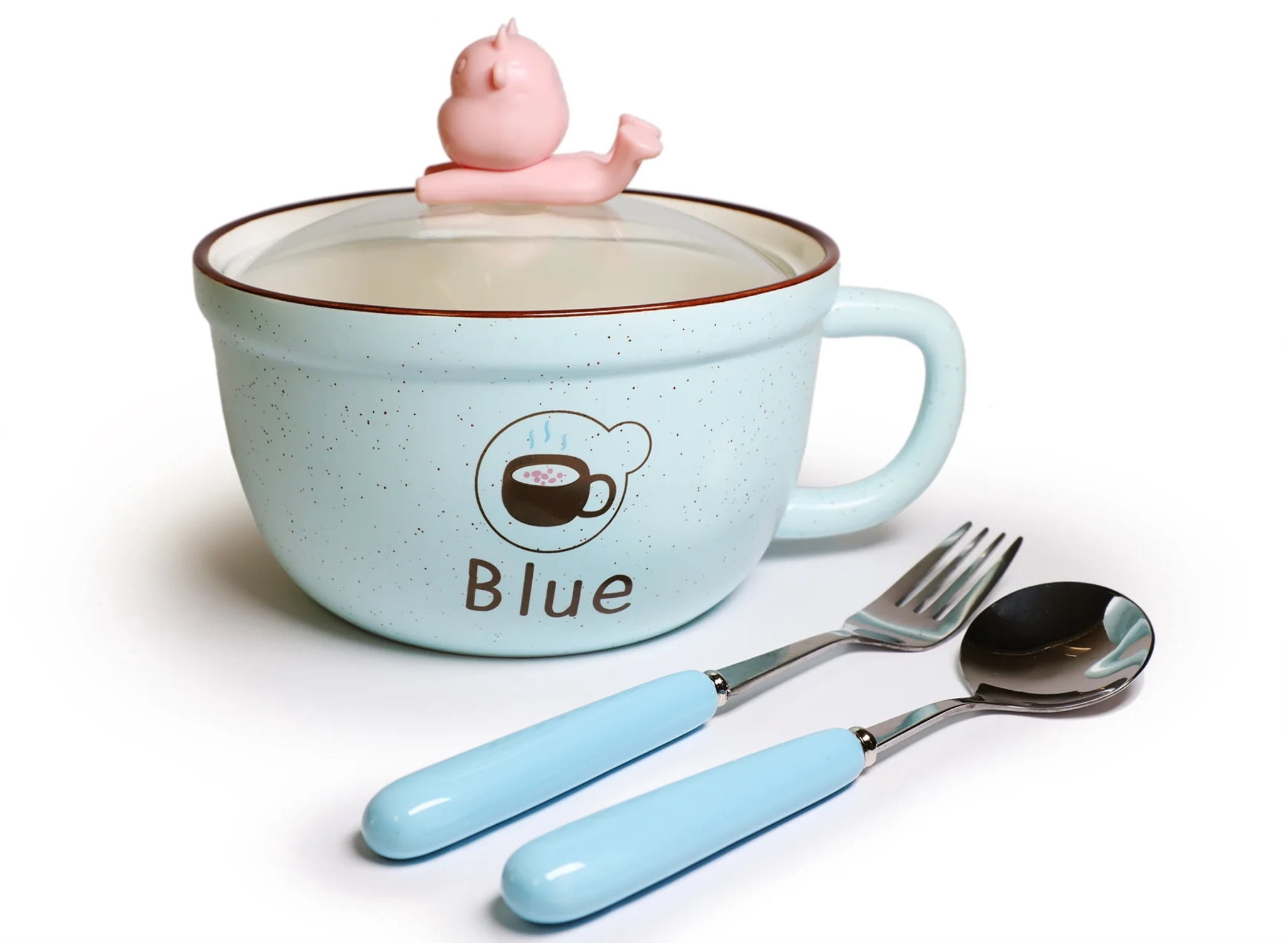 Microwavable Ceramic Noodle Bowl with Handle and Glass Lid Cute Cartoon