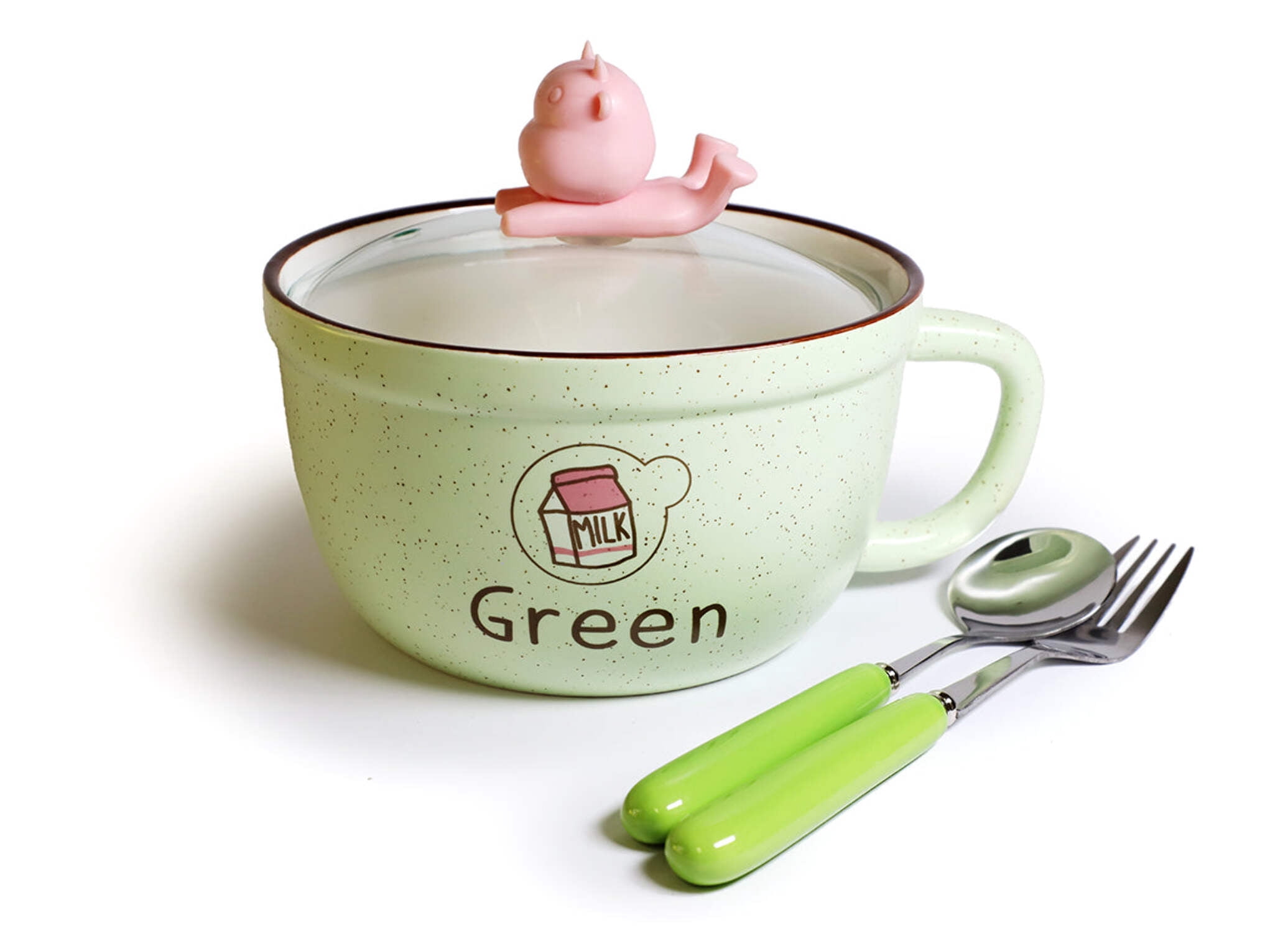 Microwavable Ceramic Noodle Bowl with Handle and Glass Lid Cute Cartoon