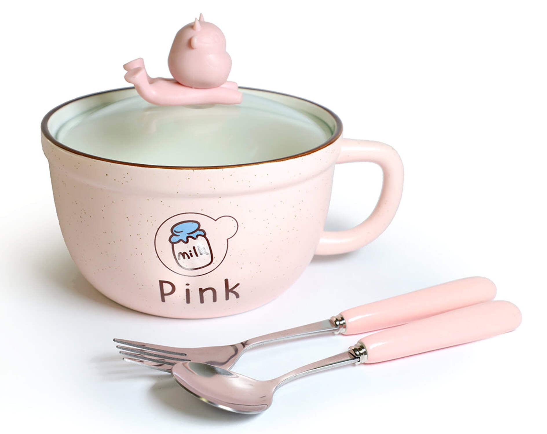 Microwavable Ceramic Noodle Bowl with Handle and Glass Lid Cute Cartoon