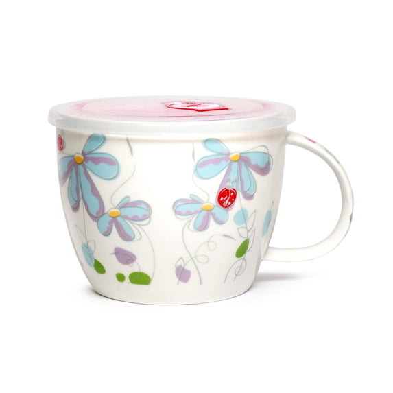 Microwavable Ceramic Noodle Bowl with Handle and Seal Fine Porcelain Floral Design