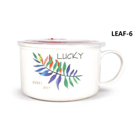 Microwavable Ceramic Noodle Bowl with Handle and Seal Fine Porcelain Green Leaf Design