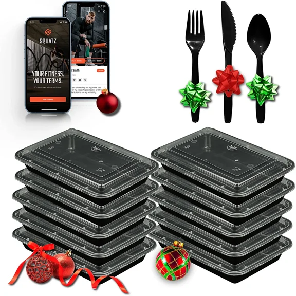 Microwavable Food Container with Utensil Set - Black Rectangular Meal box storage with lids, Reusable Utensils, Spoon, Fork, and Knives (Black)