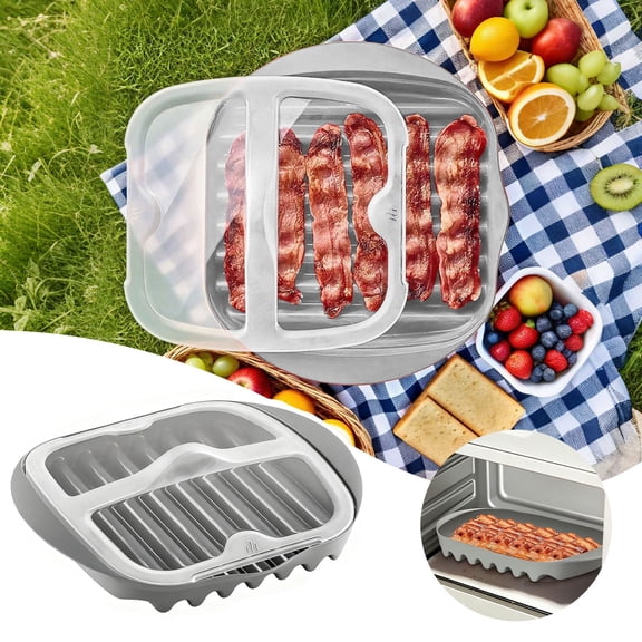 Microwave Bacon Tray with Splatter Lid Bacon Cooker with Oil Draining Design Easy Quick Bacon Maker Microwave Oven Grill Tray for Healthier Crispy Bacon Tacos Sausages Hot Dogs(Gray)