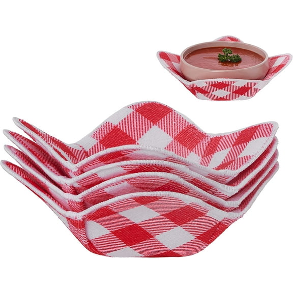 Microwave Bowl Holder Set of 4 Hot Bowl Holders Heat Insulated Microfiber & Sponge Heat Resistant Bowl Cozies for Hot & Cold Food Bowl Holder for Soup, Pasta, Noodles & Rice Bowl - Red Plaid