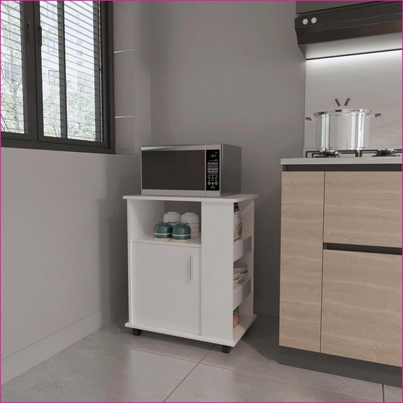 Microwave Cabinet | Correy Modern White 5-Shelf with Locking Casters | White | Particle Board