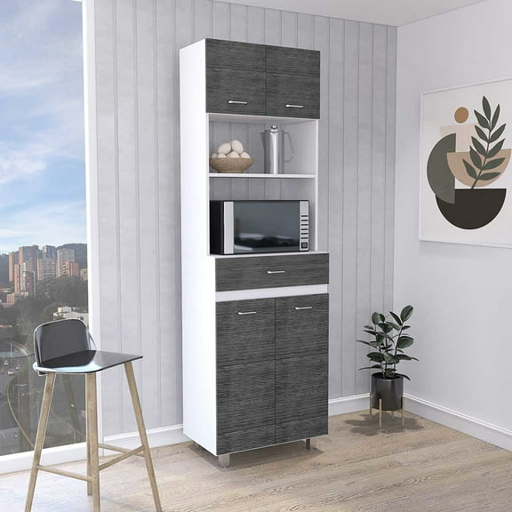 Microwave Cabinet: Four Legs, One Drawer, Double Door, Shelf In White/ Oak - Kitchen Space Storage Cabinet For Appliances