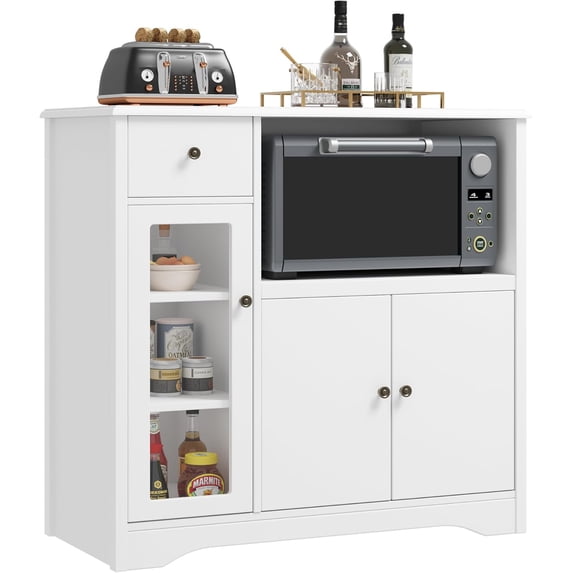 Microwave Cabinet, Kitchen Storage Cabinet with 3 Doors and 1 Drawer, Buffet Sideboard with Adjustable Shelves, Microwave Stand for Kitchen, Dining Room, White