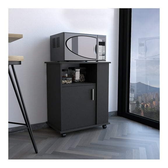 Microwave Cabinet with Shelves, Black - Mobile Kitchen Cart, Single Door, 3-Side Storage, 15x23.9in Top Surface Black + Dining Room + Modern + Particle Board + Particle Board